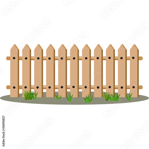 Cartoon wooden fence and grass, picket on the top. Vector illustration isolated on white background.