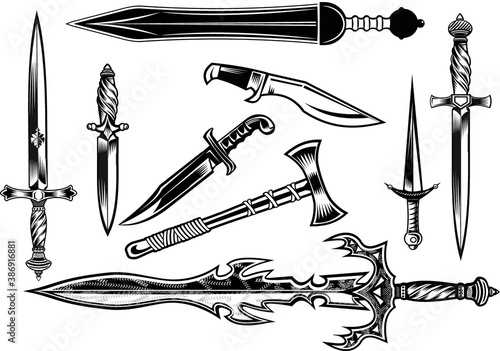 Fotobehang Knife, dagger, sword and tomahawk