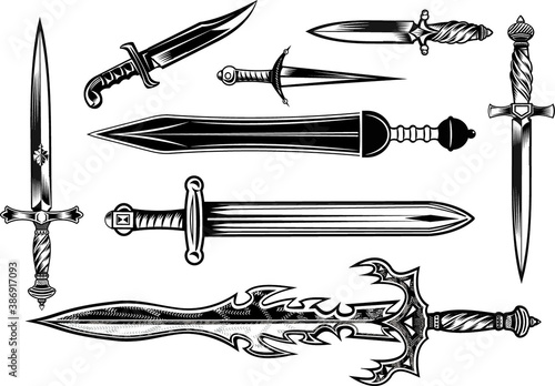 Knife, dagger, sword and tomahawk Fototapet