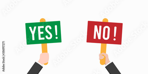 Hands hold signboard yes and no. Vector illustration