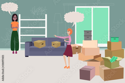 vector illustration of an interior with two girls. the designer helps you create an apartment design. the interior designer works with the client.
