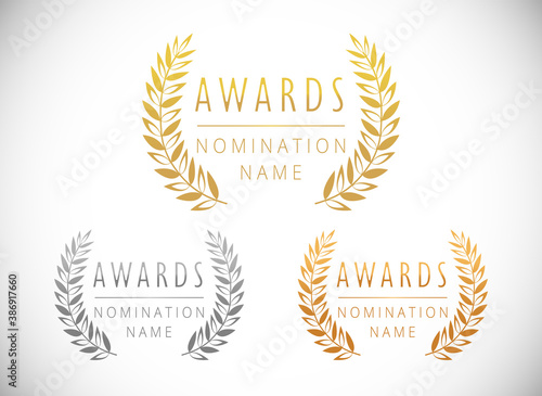 Awards logotype set. Isolated abstract graphic design template. First, second, third place symbols. Cup elements collection, white background. Decorative congrats. Tradition greetings. Round palms. 
