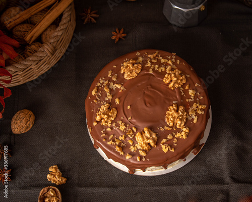 Chocolate cake with nuts and spices