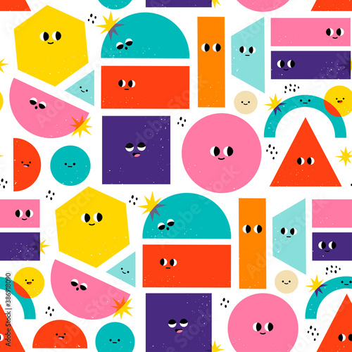 Set of Various bright basic Geometric Figures with face emotions. Different shapes. Hand drawn trendy Vector illustration for kids. Cute funny characters. Square Seamless Pattern. Textile print