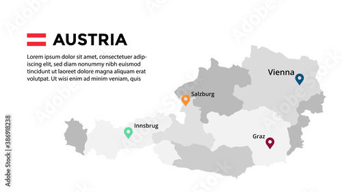 Austria vector map infographic template. Slide presentation. Vienna  Salzburg  Innsbrug  Graz. Color Europe country. World transportation geography data. 