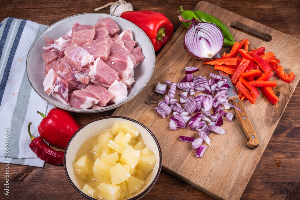 Ingredients for adobo pork with pineapple and bell pepper. Stock Photo