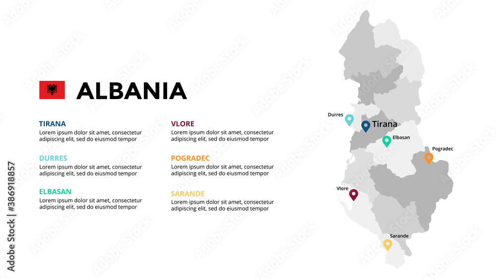 Albania vector map infographic template. Slide presentation. Global business marketing concept. Color Europe country. World transportation geography data. 