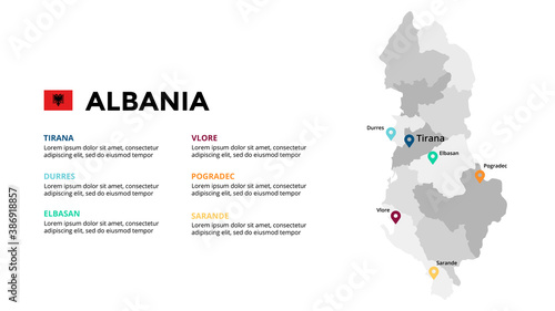Albania vector map infographic template. Slide presentation. Global business marketing concept. Color Europe country. World transportation geography data. 