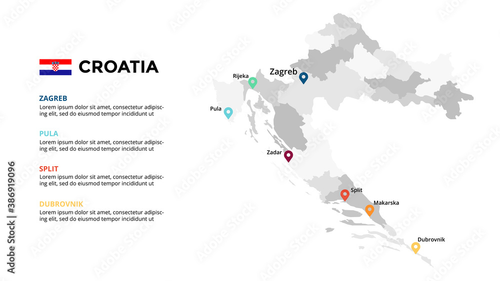 Croatia vector map infographic template. Slide presentation. Zagreb, Pula, Split, Dubrovnik. Europe country. World transportation geography data. 