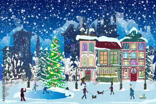 Winter town in Christmas decoration. A festive city with snowfall, fairy houses and a Christmas tree. People walk, skate, relax. Vector illustration in a cartoon style.