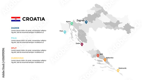 Croatia vector map infographic template. Slide presentation. Zagreb, Pula, Split, Dubrovnik. Europe country. World transportation geography data. 