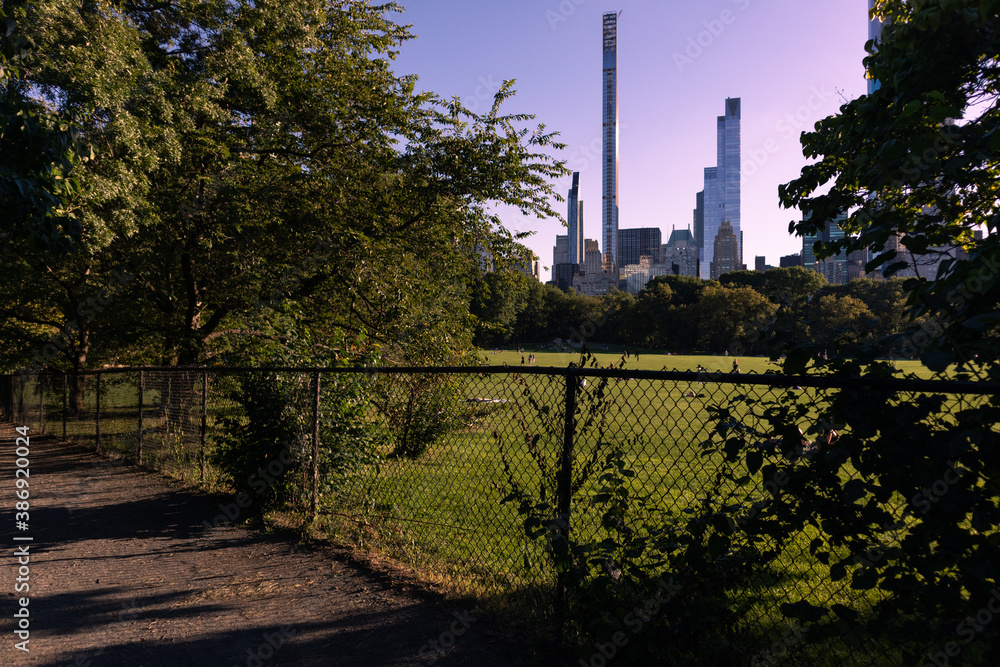 Fototapeta premium Fence and a Midtown Manhattan Skyline View with the Sheep Meadow at Central Park during Summer in New York City