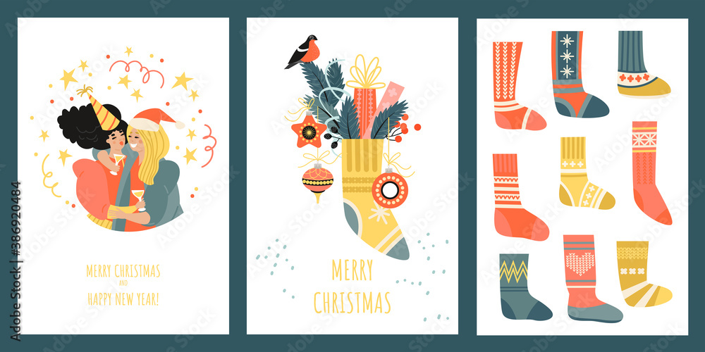 Set of vector cards or banners for Christmas and New Year with funny girls characters, socks and decorations