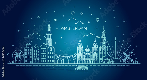 Amsterdam travel landmark of historical building thin line icon