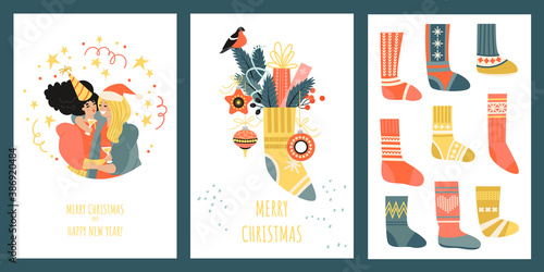 Fototapeta Naklejka Na Ścianę i Meble -  Set of vector cards or banners for Christmas and New Year with funny girls characters, socks and decorations