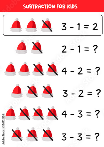 Subtraction with cartoon red Santa cap. Math game for kids.