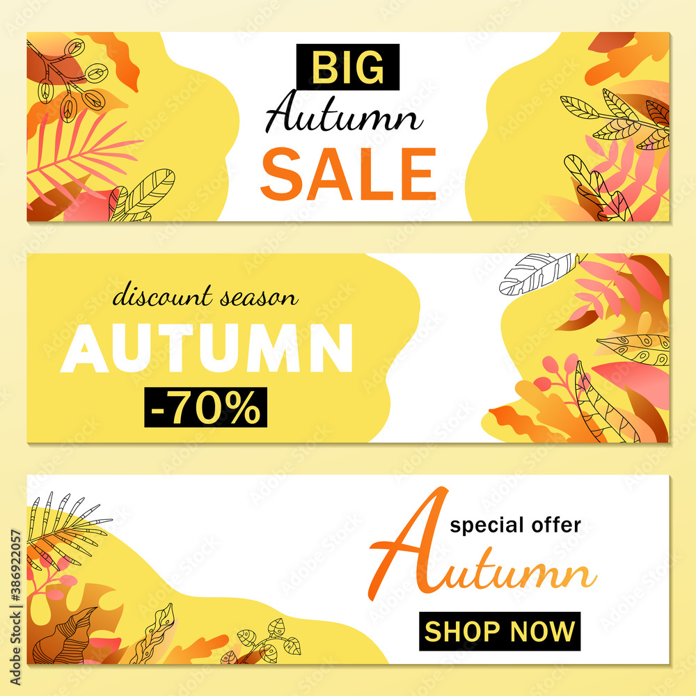 Set of autumn sale long banners with fall leaves, typographic templates, flyer, poster, card. Set of printed product design. Vector illustration. Set of autumn sale long banners with fall leaves, typographic templates, flyer, poster, card. Set of printed product design. Vector illustration.