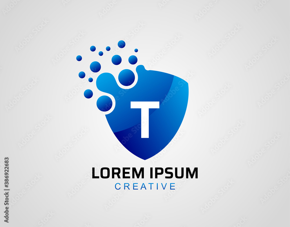 Obraz premium Letter T Dot Shield Logo, Modern Security Technology Icon Design.
