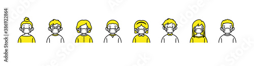 Kids mask set. Little boy and little girl wear face mask protect virus. Social distancing concept. Vector characters and illustrations isolated on white background.