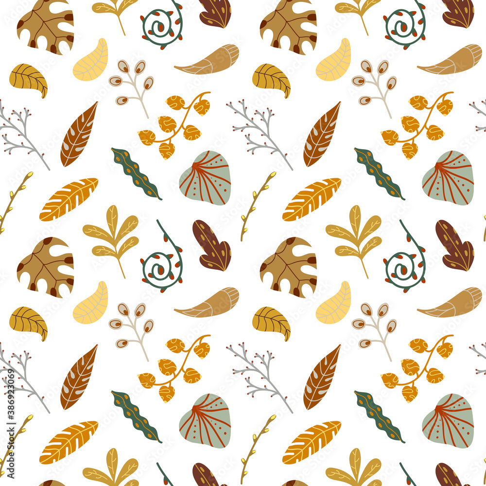 leaves seamless pattern of bright various seasonal leaves in cartoon style.Vector illustration. leaves seamless pattern of bright various seasonal leaves in cartoon style.Vector illustration.