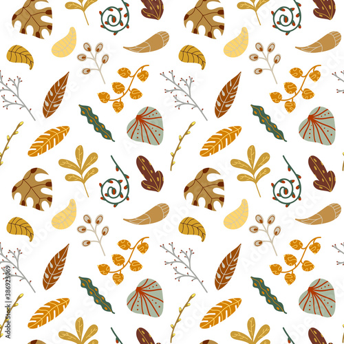 leaves seamless pattern of bright various seasonal leaves in cartoon style.Vector illustration.