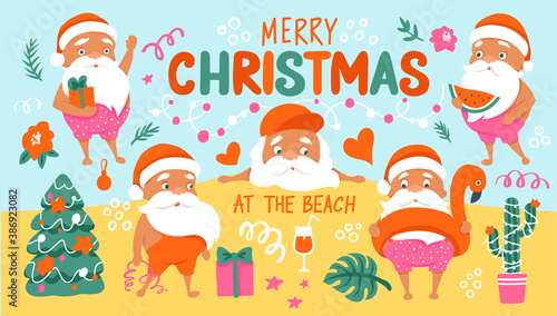 Summer Santa characters. Tropical Christmas and Happy New Year in a warm climate collection.
