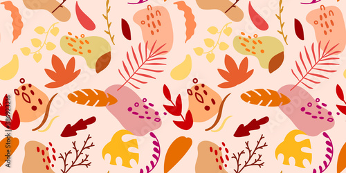 Autumn leaves seamless pattern of bright varipus fall leaves and abstract elements.Vector illustration.