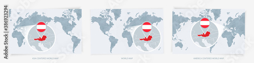 Three versions of the World Map with the enlarged map of Austria with flag.