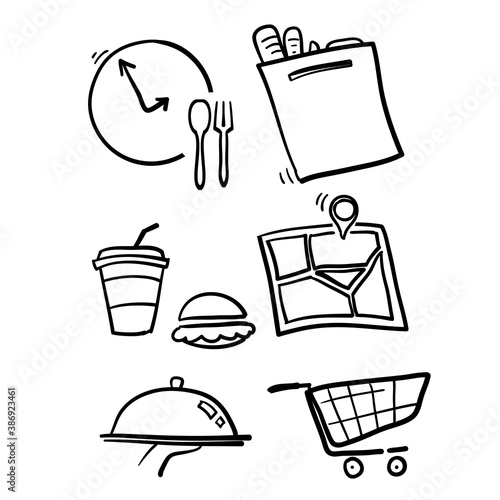 hand drawn Simple Set of Food Delivery Related Vector Line Icons in doodle style vector