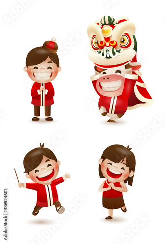 Happy Chinese New Year 2021 year of the ox. Boy, girl and ox with lion dance. 