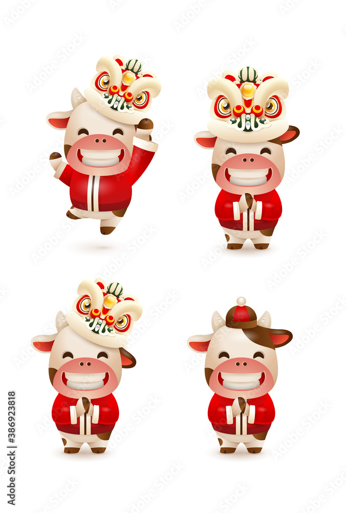 Fototapeta premium Happy Chinese New Year 2021 year of the ox. Ox with lion dance.