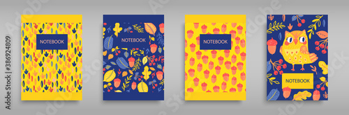 Set covers for notebooks with an owl and wild forest nature. Autumn Doodle leaves, acorns, cute filin. For the design of children s books, brochures, templates for school diaries. Vector illustration