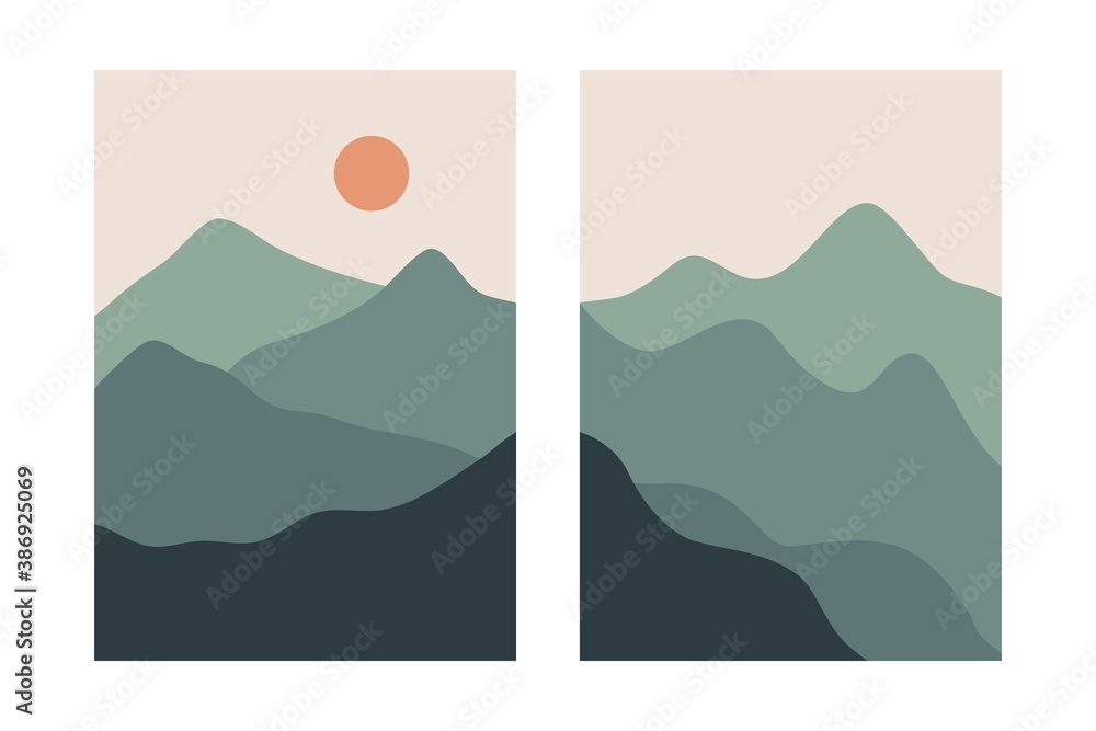 Abstract landscape posters. Boho collage mountains wallpapers for decoration, contemporary art japanese style. Vector illustration