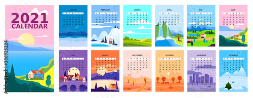 2020 Calendar minimalistic landscape natural backgrounds of four seasons