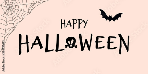 Happy Halloween banner with skull. Bat. cobwebs in the background. Vector illustration