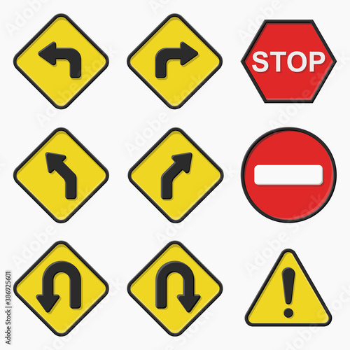 Set of road signs, vector illustration isolated on white background. Traffic sign concept, different shapes and forms.