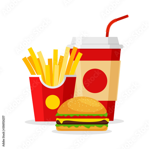 Lunch with french fries, burger and soda in trendy flat style. Take away fastfood. Restaurant junk food menu. Vector Illustration.
