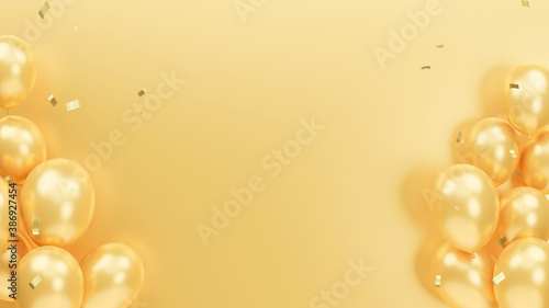 3d render of golden balloons decoration with confetti