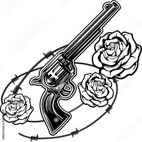 Roses and revolver. Roses in gun barrel