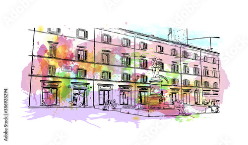 Building view with landmark of Bologna is the capital and largest city of Northern Italy. Watercolor splash with hand drawn sketch illustration in vector.