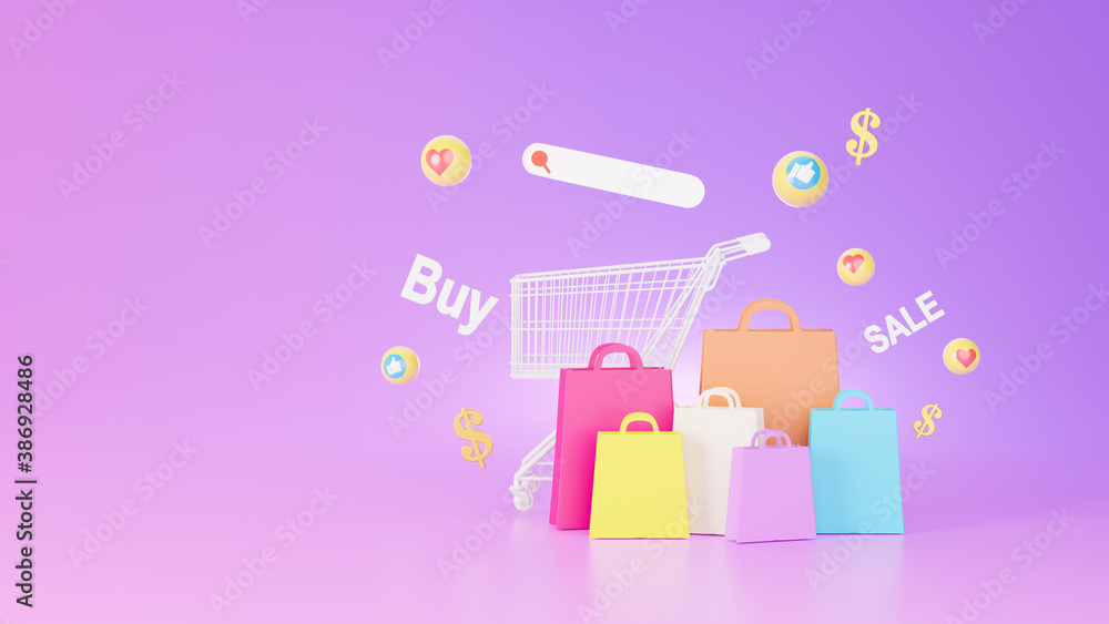 3d render of shopping bag and online shopping store concept 3d render of shopping bag and online shopping store concept