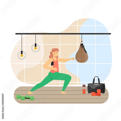 Sport and fitness activities. Young woman doing tae bo aerobic exercises, flat vector illustration. Tae bo gym workout.