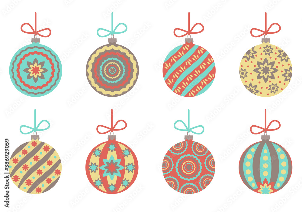 Christmas balls set. Vintage holiday design. Vector illustration.