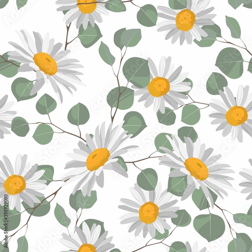Flowers and leaves, can be used as greeting card, invitation card for wedding, birthday and other holiday and summer background with daisy camomile and eucaliptus.	
