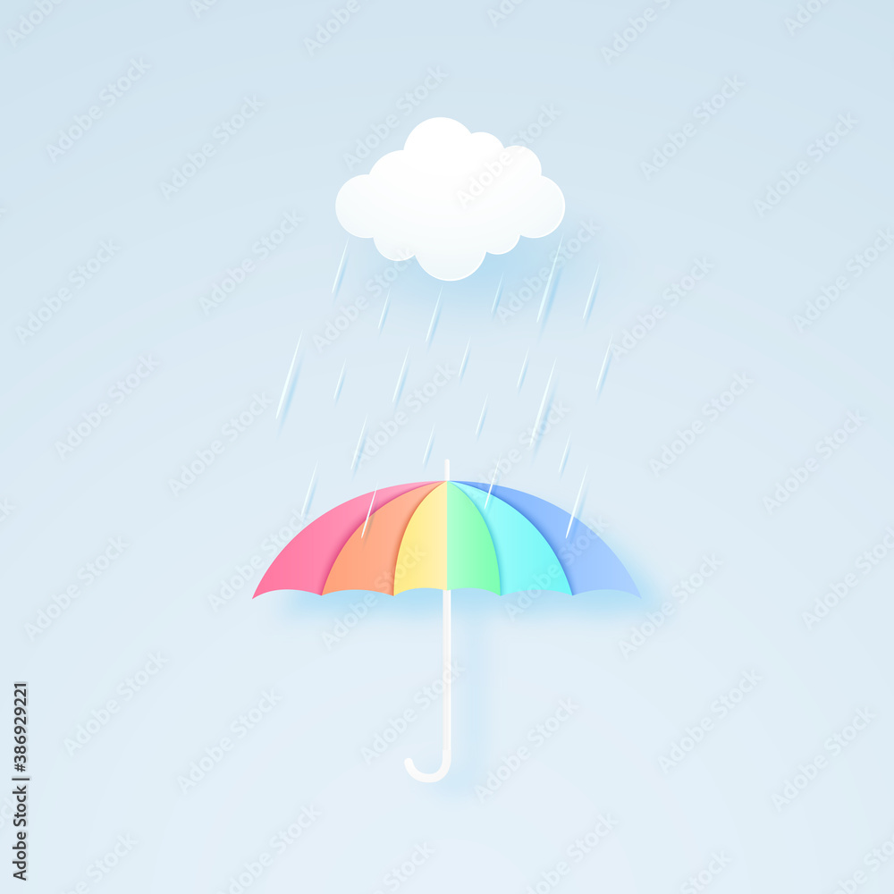 rainbow color umbrella with rain and cloud, rainy season, rainstorm, paper art style