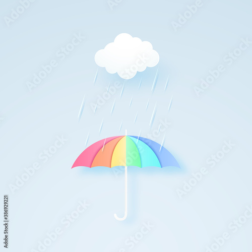 rainbow color umbrella with rain and cloud, rainy season, rainstorm, paper art style