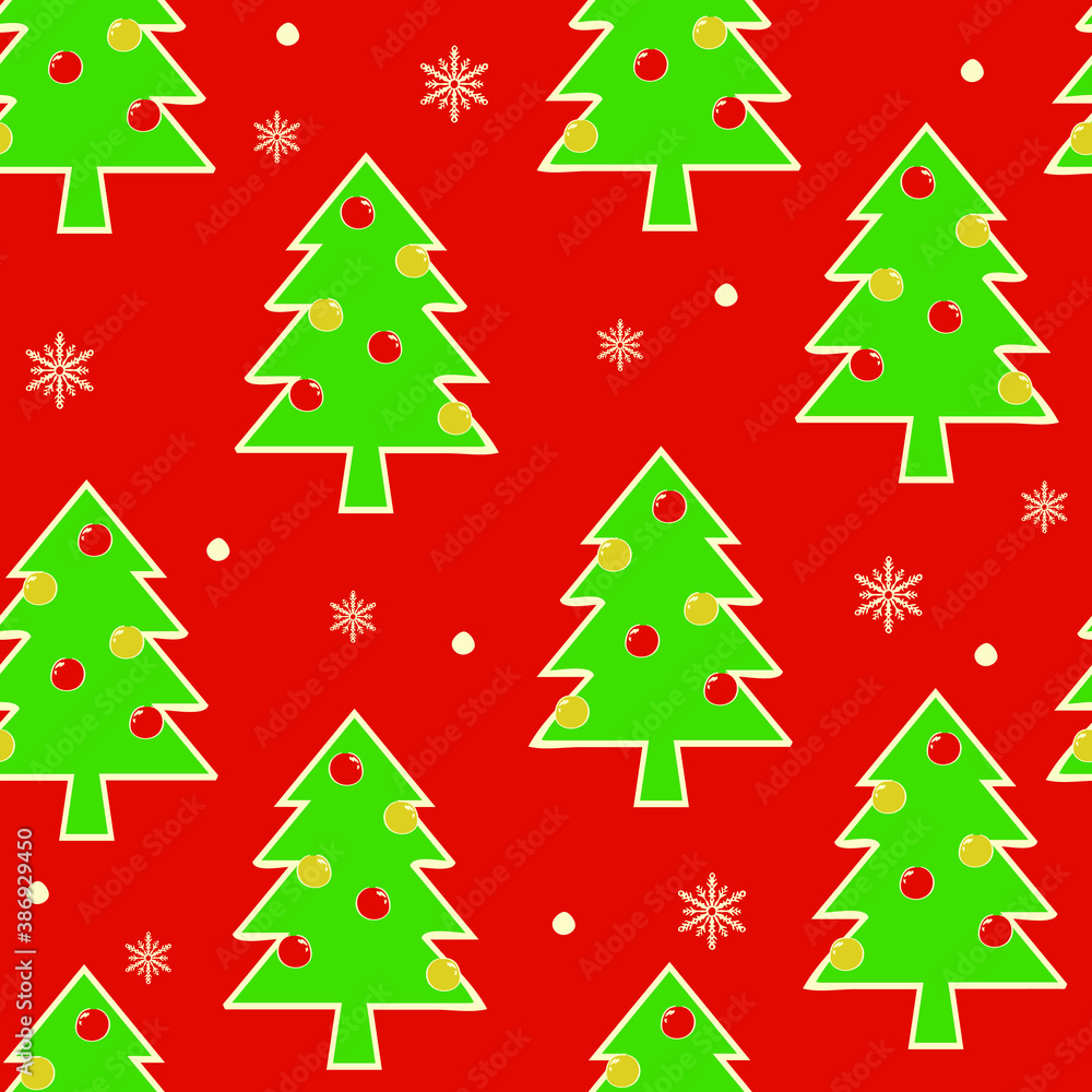 Seamless vector pattern with Christmas trees on red background. Seasonal wallpaper design. Winter fashion textile. Ideal for wrapping paper, decoration, celebration.