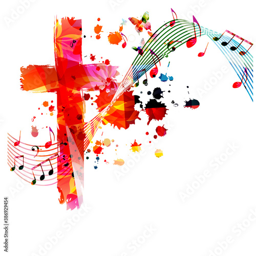 Colorful christian cross with music notes isolated vector illustration. Religion themed background. Design for gospel church music, choir singing, concert, festival, Christianity, prayer