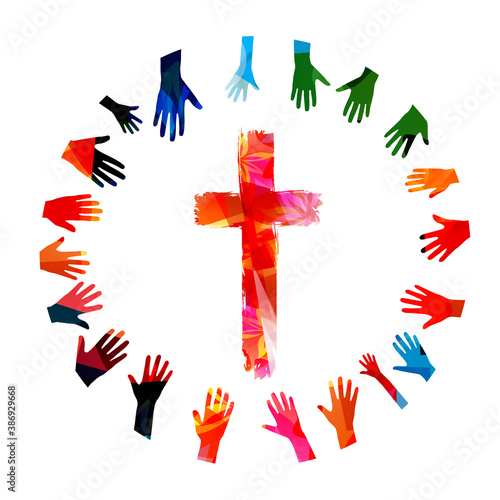Colorful christian cross with human hands isolated vector illustration. Religion themed background. Design for Christianity, church charity, help and support, prayer and care