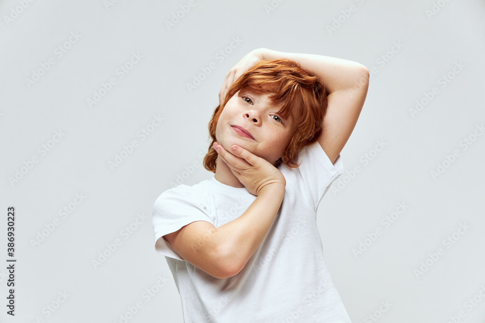 Cheerful red-haired boy holding his head smiling white t-shirt cropped view Cheerful red-haired boy holding his head smiling white t-shirt cropped view